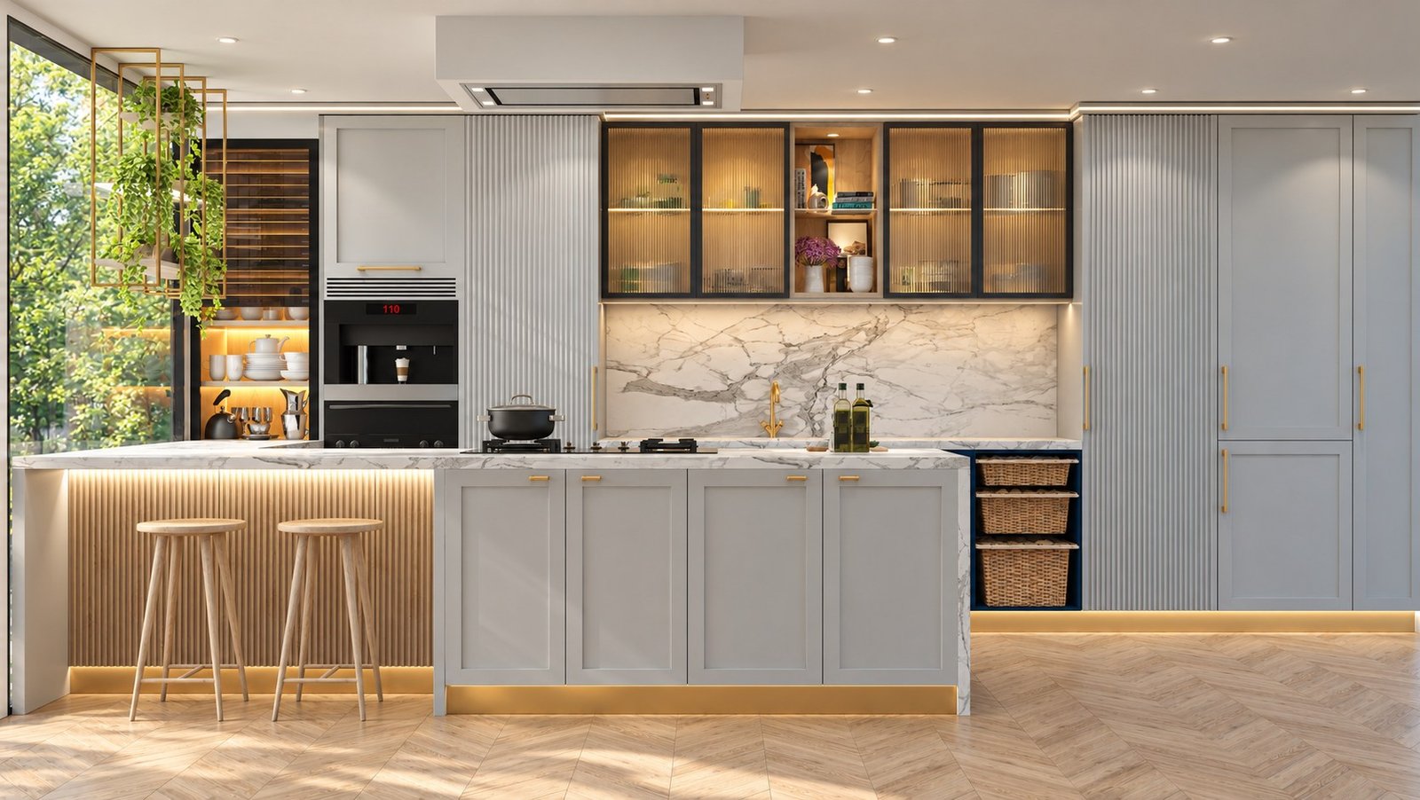 Grey kitchen with brass-coloured handles, illuminated glazed cabinets and a marble-look island.
